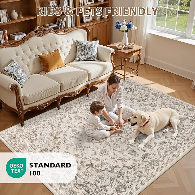 2x3 Area Rugs Living Room Rug: Washable Vintage Distressed Floral Rug No Slip Stain Resistant Soft Carpet Indoor Large Carpets for Bedroom Dining Room Farmhouse Nursery Hallway Home Office Brown Beige
