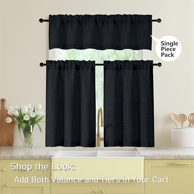 Black Valances for Windows, Light Filtering Faux Linen Textured Small Short Valance Curtains for Bathroom Basement Farmhouse, Rod Pocket Top Half Curtains for Windows, 60Wx16L Inch