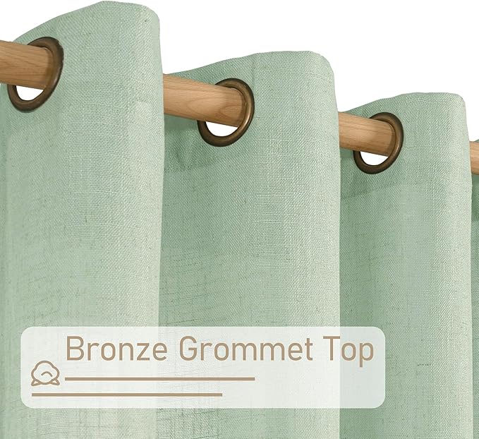 LAMIT Linen Curtains 90 Inch Length for Living Room 2 Panels, Fresh Green Bronze Grommet Light Filtering Semi Sheer Linen Window Drapes Farmhouse Boho Decor Curtains for Bedroom, 52 x 90 Inch