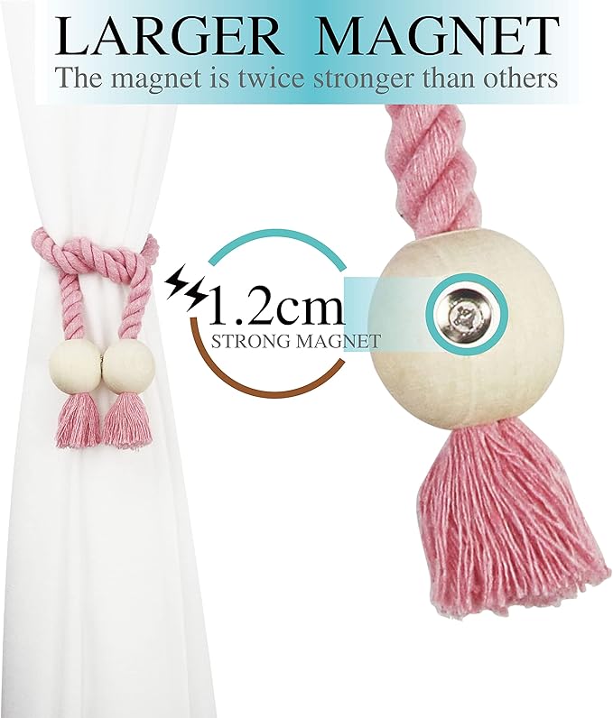 6 Pack Magnetic Curtain Tiebacks Cotton Hand Woven Tie Back Decorative Rope Holdbacks for Curtains Draperies No Tools Required, Pink