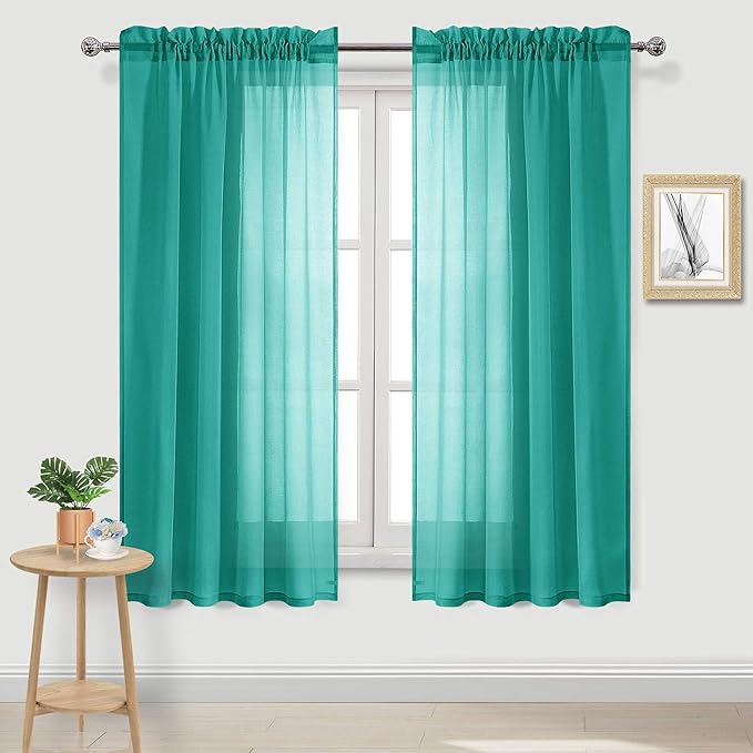 DWCN Teal Sheer Curtains Semi Transparent Voile Rod Pocket Curtains for Bedroom and Living Room, 52 x 63 inches Long, Set of 2 Panels