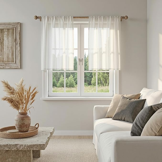MYSKY HOME Natural Curtains 30 Inch Long for Cafe, Semi Sheer Light Filtering Tiers Curtain Panels Rod Pocket Short Country Decor Drapes for Basement/Small Window, Beige White, 2 Panels, 34 x 30 Inch