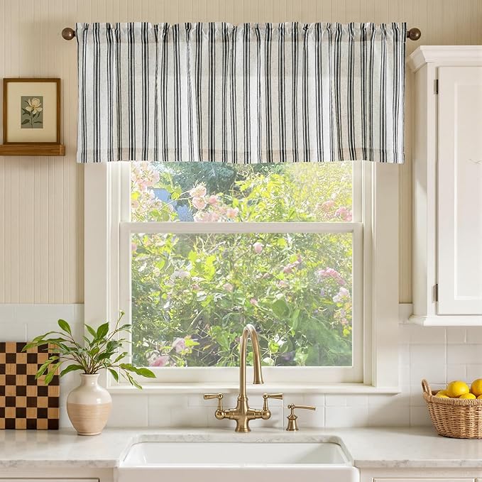 jinchan Linen Striped Valance Window Treatment for Bathroom Living Room Light Filtering Ticking Stripe Farmhouse Valance Curtain 16 Inch Rod Pocket 1 Panel Black on Linen