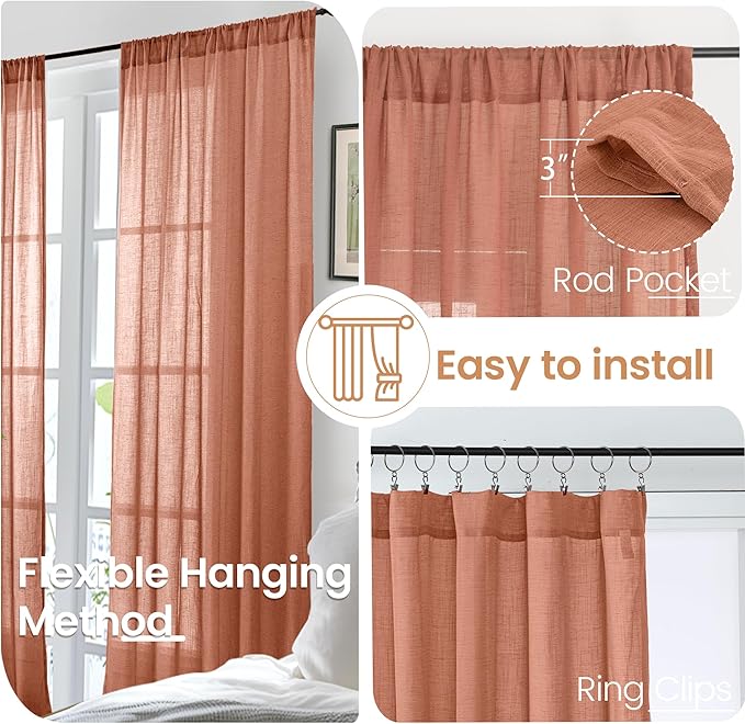 BGment Terracotta Linen Curtains 72 Inches Long for Living Room, Semi Sheer Window Drapes Rustic Textured for Bedroom Dining Room Decor with Rod Pocket Lightweight, 2 Panels Set, Each 52 Inch Wide