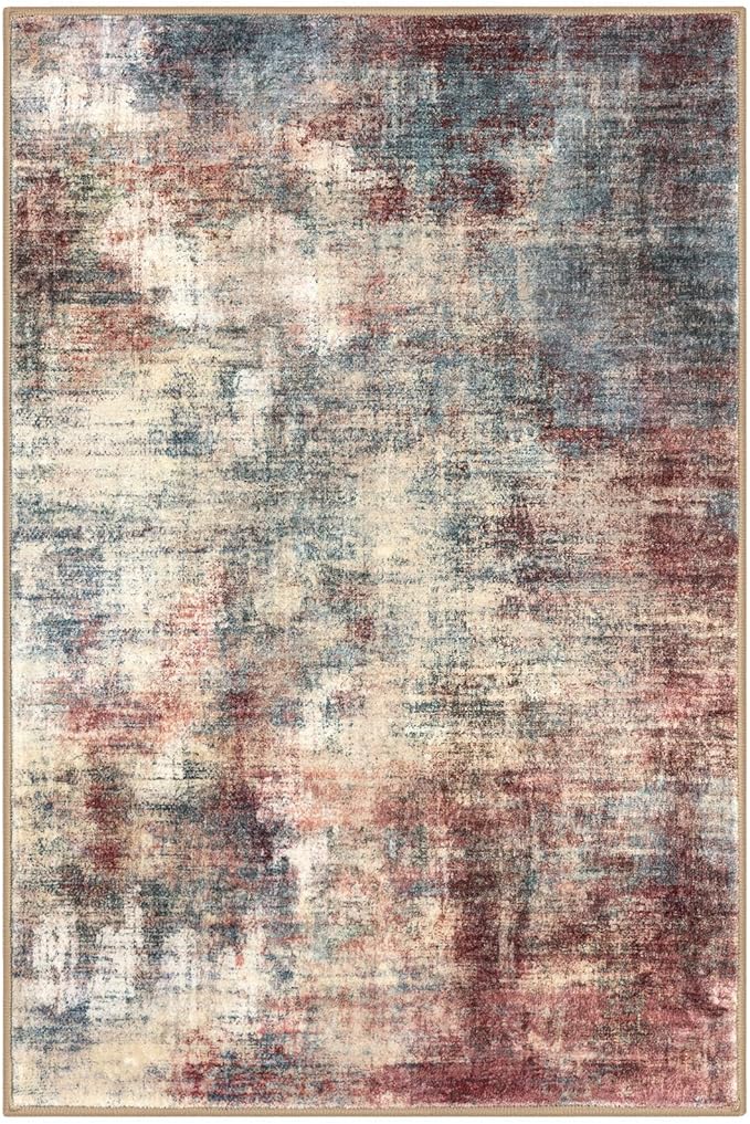 IOHOUZE Abstract Area Rugs 8x10 Ft Washable Large Rugs for Living Room, Non Slip Dining Room Rug, Printed Faux Wool Rugs for Bedroom, Floor Carpet for Office Nursery Playroom, Red/Multi