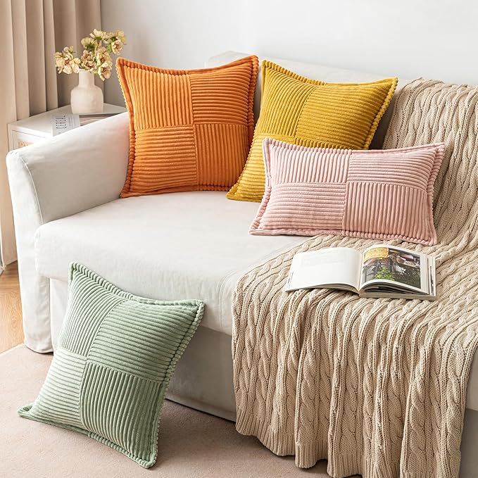 MIULEE Burnt Orange Decorative Throw Pillow Covers for Couch Bed Livingroom 20x20 Inch Set of 2 Boho Accent Throw Pllows Broadside Striped Patchwork Soft Corduroy Pillowcases