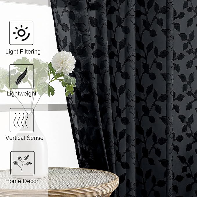 Chyhomenyc Black Sheer Curtains 63 Inch Length 2 Panels Set, Light Filtering Tufted Textured Soft Airy Rod Pocket Beautiful Leaf Window Treatment Drapes for Bedroom Living Room, 42" Wx63 L, 2PCS