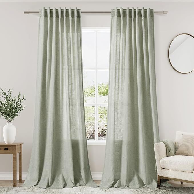 Nanspring Sage Green Curtains 92 Inch Length 2 Panels Back Tab Pocket Light Filtering Semi Sheer Drapes Linen Cotton Textured Airy Farmhouse Sage Living Room Decor Light Green Curtains for Bedroom