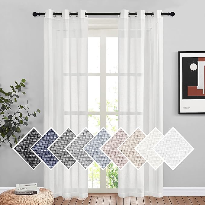 NICETOWN White Sheer Linen Curtains 84 inch Length, Grommet Semi Sheer Flax Texture Balance Privacy & Light Casual Vertical Drapes for Bedroom/Living Room, 72" Wide Total 2 Panels