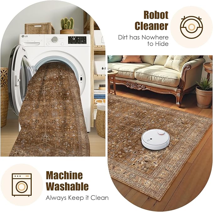 Washable Area Rug 6' x 9' Vintage Traditional Persian Mat - Foldable Distressed Non-Slip Machine Washable Carpet for Living Room Bedroom Kitchen Home Decor - Bronze and Ivory