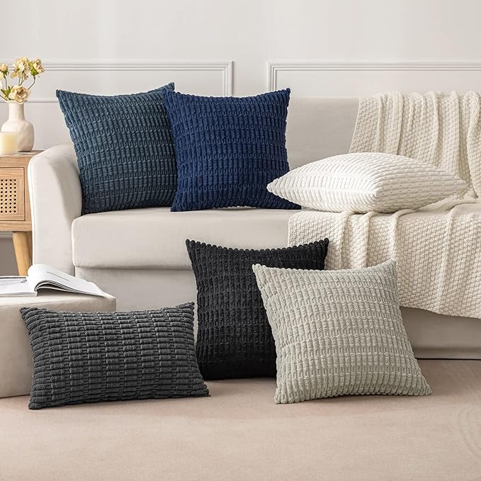 MIULEE Pack of 2 Corduroy Decorative Throw Pillow Covers 18x18 Inch Soft Boho Striped Pillow Covers Modern Farmhouse Home Decor for Sofa Living Room Couch Bed Pure White