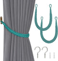 NICEEC 2 Pack Natural Cotton Rope Curtain Tiebacks Elegant Boho Style Decorative Drape Tie Backs Soft Hand-Woven Rope Curtain Holdbacks with Metal Hook for Home & Office Drapery (Teal)