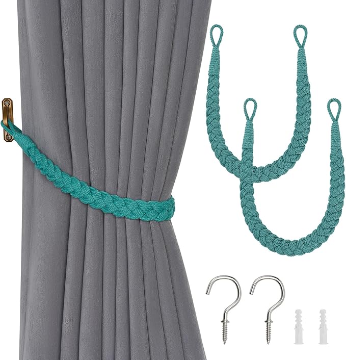 NICEEC 2 Pack Natural Cotton Rope Curtain Tiebacks Elegant Boho Style Decorative Drape Tie Backs Soft Hand-Woven Rope Curtain Holdbacks with Metal Hook for Home & Office Drapery (Teal)