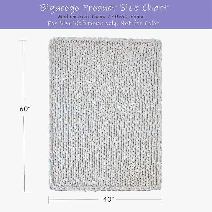 Bigacogo Chunky Knit Throw Blanket for Couch, 40x60 inches, 100% Hand Knitted with Thick Jumbo Chenille Yarn, Cozy Soft Large Rope Knot Cable Crochet Blankets for Sofa Bed Living Room, Bright Blue