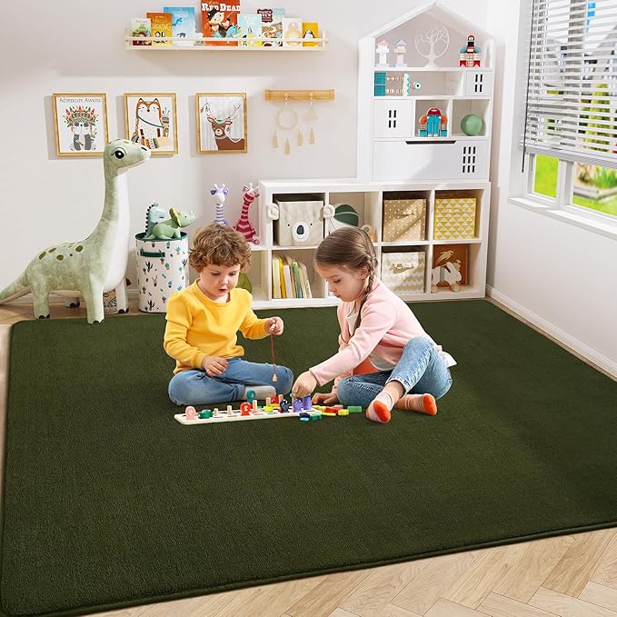 Amearea Modern Area Rugs for Bedroom Living Room, 4x6 Feet Olive Green Thickened Memory Foam Rug, Fluffy Indoor Washable Rugs Non Slip Minimalist Carpet for Kids Boys Girls Dorm Nursery Room Decor