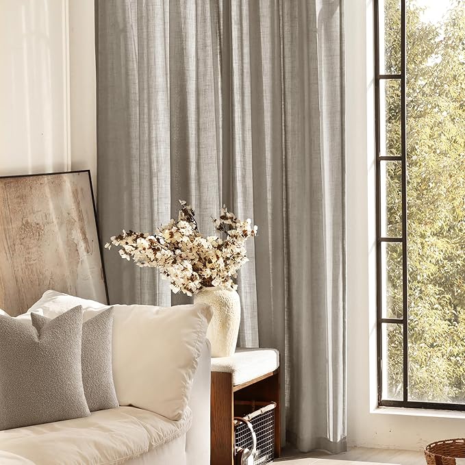 Taupe Linen Curtains 84 inches Long for Living Room Back Tab Rustic Farmhouse Semi Sheer Light Filtering Window Curtain Dining Room Soft Thick Flax Linen Textured Drapes Light Brown