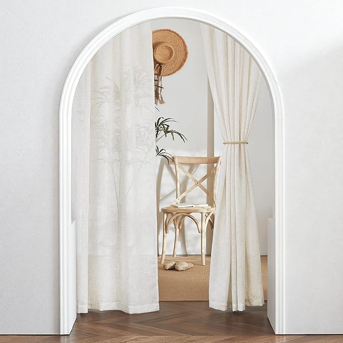 RYB HOME Linen Sheer Curtains - Flax Linen Woven Privacy Semi Sheer Drapes Light Filtering Glare Control Short Small Window Curtains for Kitchen Closet Cafe, W 52 x L 45 Inches, 2 Panels