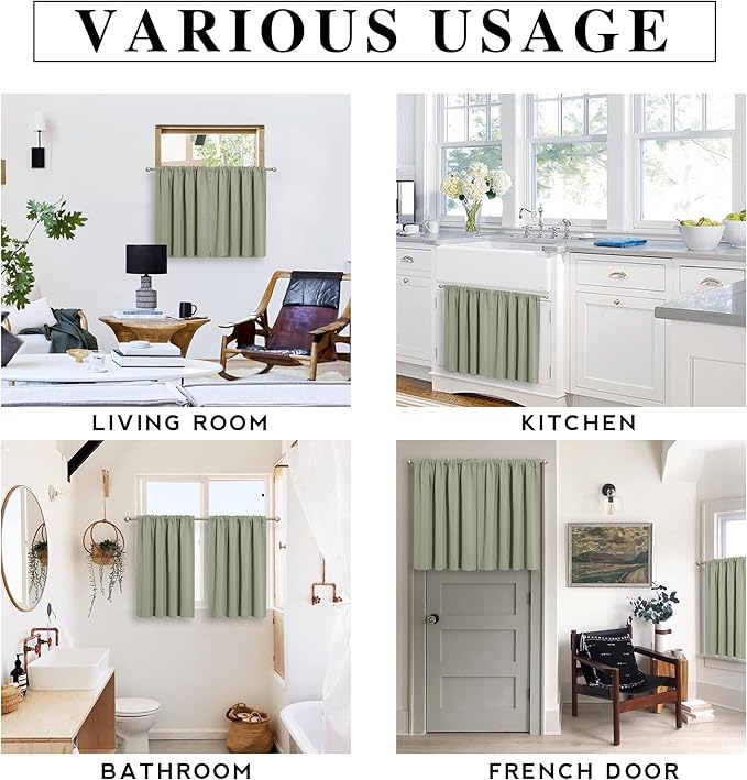 RYB HOME Basement Bathroom Kitchen Cafe Blackout Privacy Curtains, Short Insulating Light UV Heat Blocking Privacy Curtain Tiers for Laundry Room, Width 34 by Length 30, Sage Green, 2 Panels