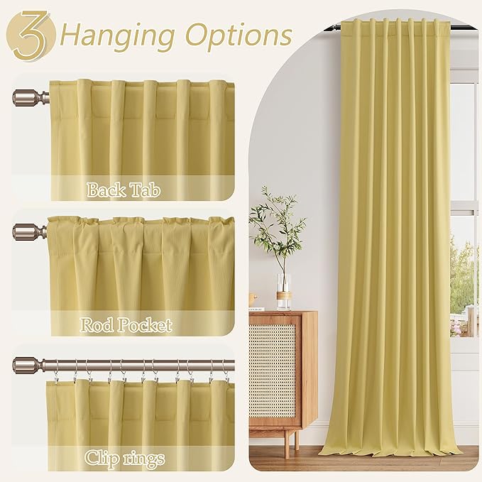 Guken Yellow 100% Blackout Linen Curtains 120 Inch Length 2 Panels Set for Living Room Bedroom Back Tab/Rod Pocket Thermal Insulated Black Out Drapes Room Darkening Window Curtains 52x120