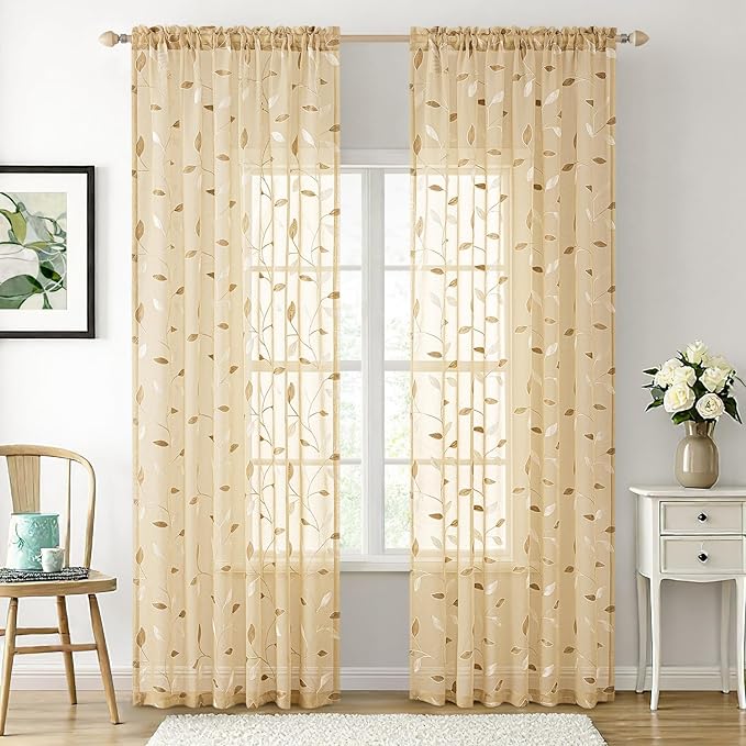MIULEE Khaki Sheer Curtains 2 Panels Embroidered Leaf Patterned Rod Pocket Floral Semi Sheer Faux Linen Window Curtains Drapes Set for Living Room Bedroom Dining Room, 52x96 Inches Long