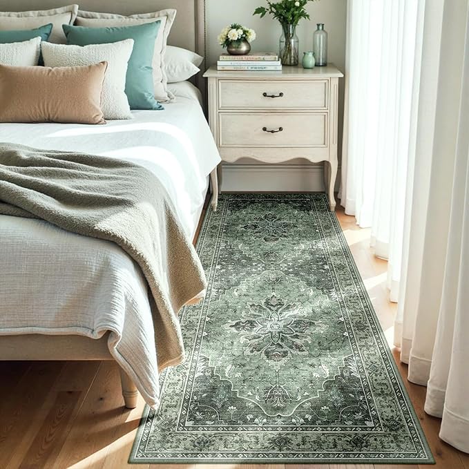 RELEANY Area Rugs 3'x8' Runner Rug Non Slip Washable for Kitchen Hallway Bedroom Beside Laundry Room Bathroom Rug, Floor Carpet, Dark Green Gray