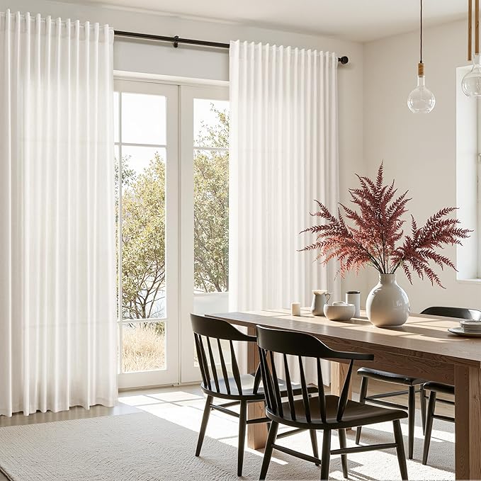 Extra Wide Beige White Curtains 96 Inches Long for Living Room Light Filtering Sheer Curtains for Coastal Room Decor Linen Farmhouse Curtain for Bedroom Back Tab and Rod Pocket 100x96,2 Panels