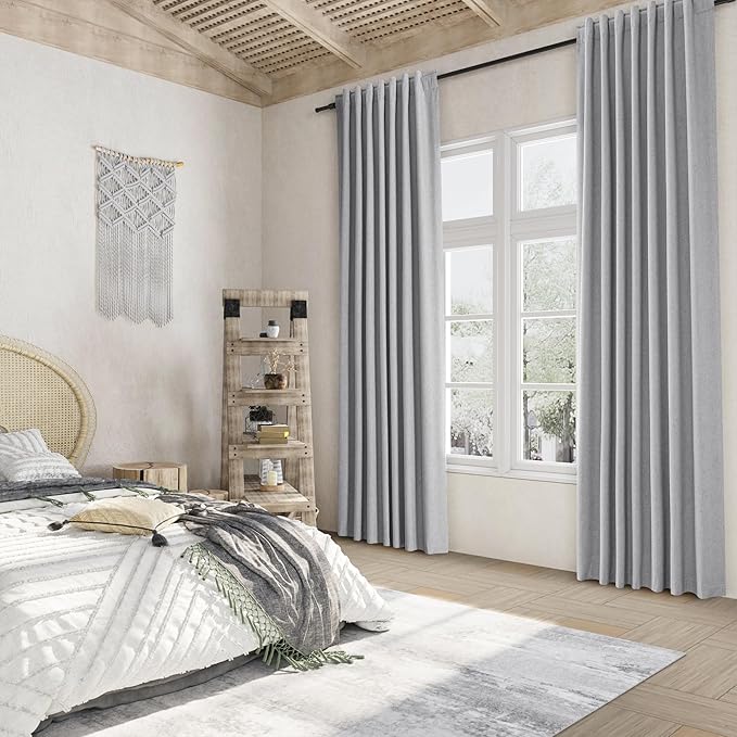 Guken Grey 100% Blackout Curtains 108 Inch Length 2 Panels Set for Living Room Bedroom Back Tab Thermal Insulated Black Out Linen Drapes Room Darkening Window Curtains 52x108