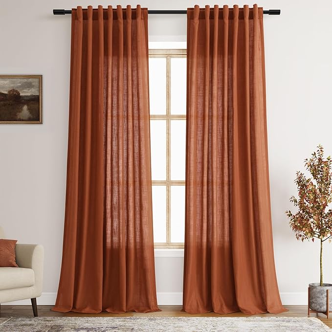 Nanspring Linen Blend Terracotta Curtains 100 inches Long 2 Panel Back Tab Rod Pocket Rustic Farmhouse Boho Curtains for Dining Room Semi Sheer Brick Burnt Bohemian Fall Decor Rust Colored Curtain
