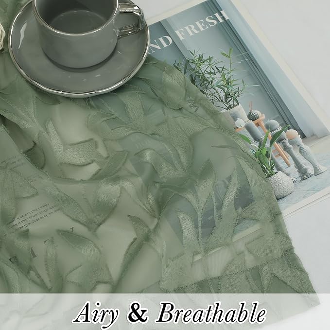 Lecloud Leia Sage Green Sheer Valances for Windows 14 Inch Length 2 Pcs, Jacquard Leaf Textured Cafe Kitchen Short Curtains with Dual Rod Pockets, Small Curtain for Living Room Bedroom, 28" W x 14" L