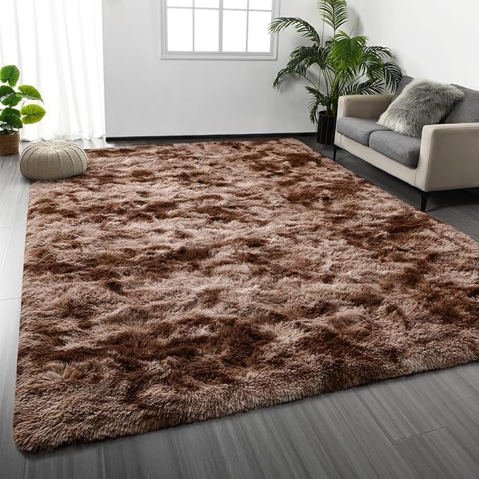 Deerhoo Large Shag Area Rugs 8 x 10, Tie-Dyed Plush Fuzzy Rugs for Living Room, Ultra Soft Fluffy Furry Rug for Bedroom, Indoor Carpet Nursery Rugs for Kids Room Home Decor, Coffee