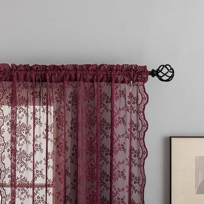 YJ YANJUN Vintage Lace Curtains 90 Inches Long-Victorian Floral Red Burgundy Sheer Curtain Panels forLiving Room Patio Sliding Door Rod Pocket Wedding Party Christmas Decor 2 Panels 52W x 90L