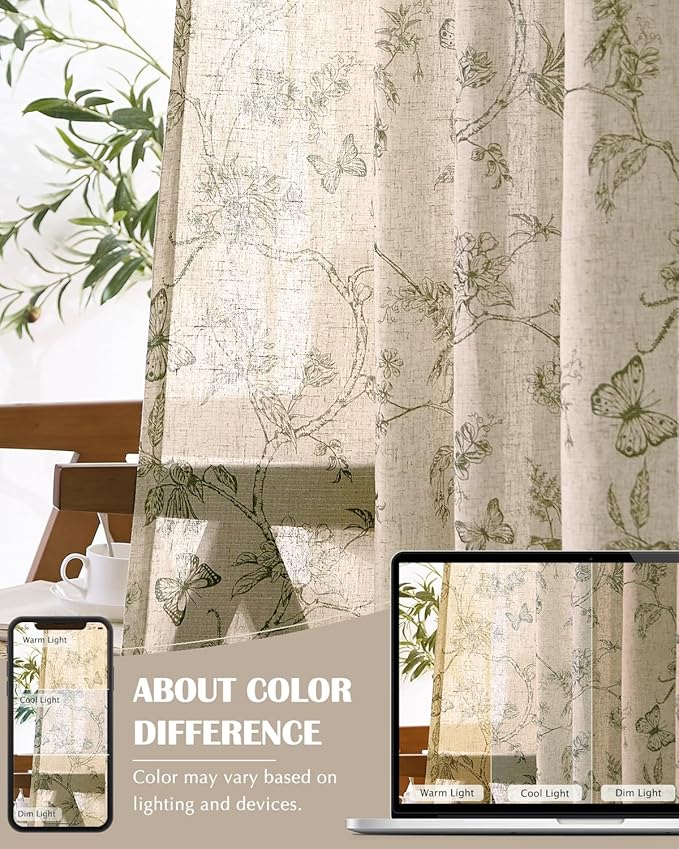 jinchan Floral Linen Curtains for Living Room 63 Inch Length Butterfly Sage Green Floral Curtains French Country Farmhouse Flower Patterned Drapes Window Treatments Set 2 Panels