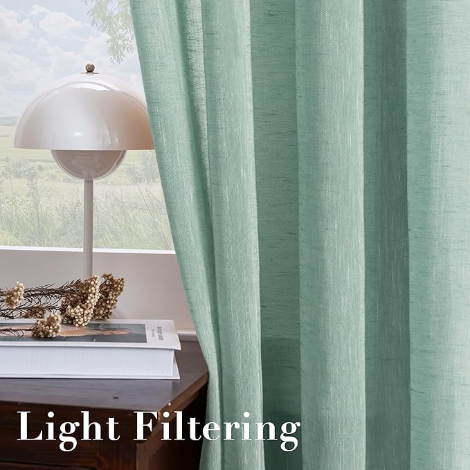 H.VERSAILTEX Linen Curtains Natural Linen Semi-Sheer Curtains 2 Panels Nickel Grommet Privacy Added Premium Soft Rich Material Drapes for Bedroom/Livingroom - 52x84 - Inch - Sea Mist