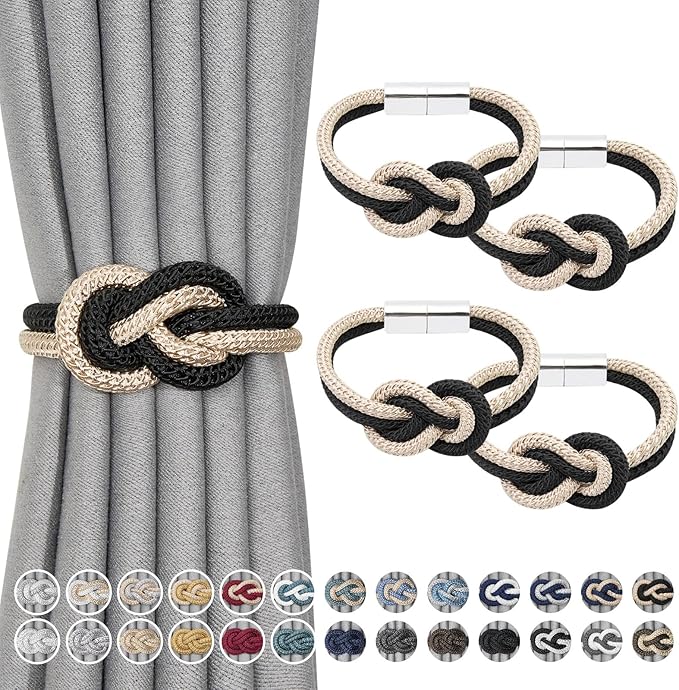 NICEEC 4 Pack Mini Magnetic Curtain Tiebacks Nordic Simple Style Drape Tie Backs Elegant Hand Weave Rope Knot Decorative Curtain Holdbacks for Home & Office Thin Window Drapery (Black & Beige)