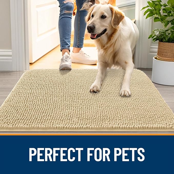 OLANLY Dog Door Mat for Muddy Paws 48x30, Absorbs Moisture and Dirt, Absorbent Non-Slip Washable Doormat, Quick Dry Chenille Mud Mat for Dogs, Entry Indoor Entryway Carpet for Inside Floor, Sand