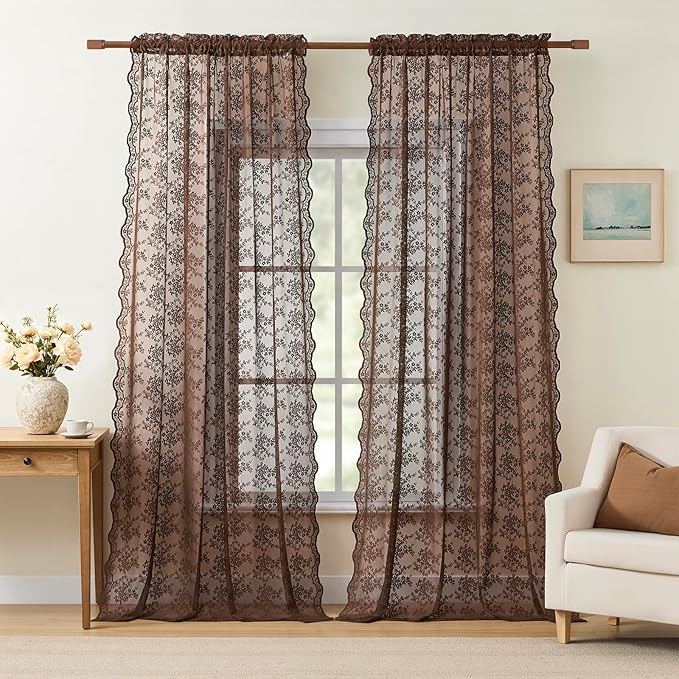YJ YANJUN Vintage Lace Curtains 96 Inches Long-Victorian Floral Sheer Brown Curtain Panels for Living Room, Elegant Embroidered Style, Neutral Rustic Farmhouse & Cottagecor Décor 2 Panels W52 X L96