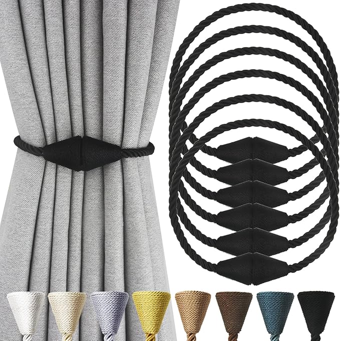 6 Pack Magnetic Curtain Tiebacks Rope Modern Handmade Curtain Tie Backs Decorative Drapes Weave Holdbacks for Window Décor, Black