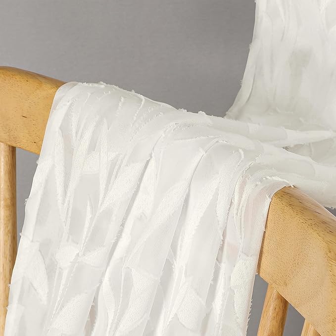 Lecloud Leia Ivory 2 PCS Sheer Kitchen Curtains 30 Inch Length, Breathable Clip Textured Leaf Cafe Bedroom Voile Curtain Tiers, Dual Rod Pockets Jacquard Bathroom Bedroom Drapes, 40 W x 30 L