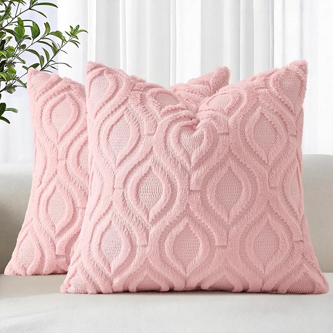 decorUhome Throw Pillow Covers 26x26 Inch Set of 2, Soft Plush Faux Wool Pink Solid Couch Pillow Covers, Accent Euro Sham Farmhouse Neutral Square Pillow Cases for Sofa Bed Living Room