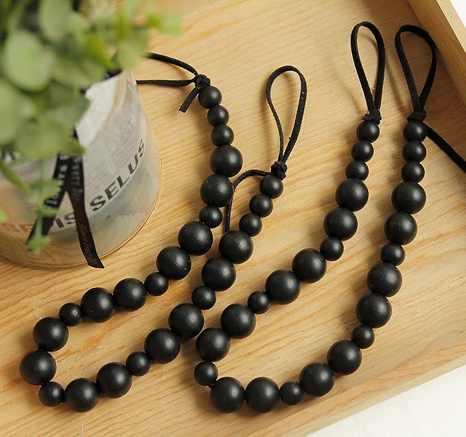 OCIOLI 2 Pieces Wood Bead Curtain Tieback Boho Curtain Tiebacks Curtain Holdbacks for Wall Curtain Ties Curtain Tie Backs with Hooks for Boho Decor Bedroom Decor Nursery Decor (Black Color, 2)