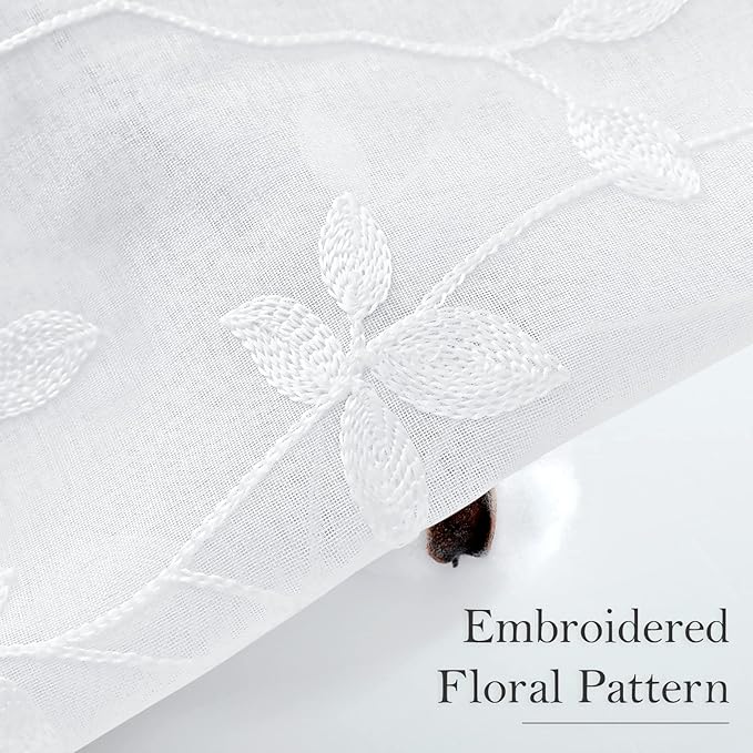 HOMEIDEAS White Sheer Curtains 52 X 84 Inches Length 2 Panels Embroidered Vine Floral Pattern Pocket Faux Linen Semi Sheer Voile Window Drapes for Bedroom Living Room