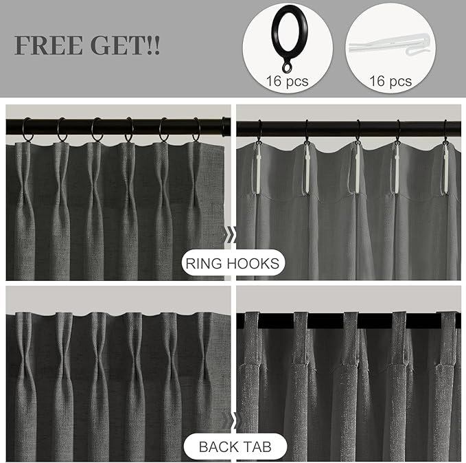Pinch Pleated Curtains 90 Inch Length for Living Room, Semi Sheer Linen Pleated Curtain with Hooks Rings Light Filtering Back Tab Drapes for Bedroom Dining Room, 40x90, Charcoal Grey, 2 Panels