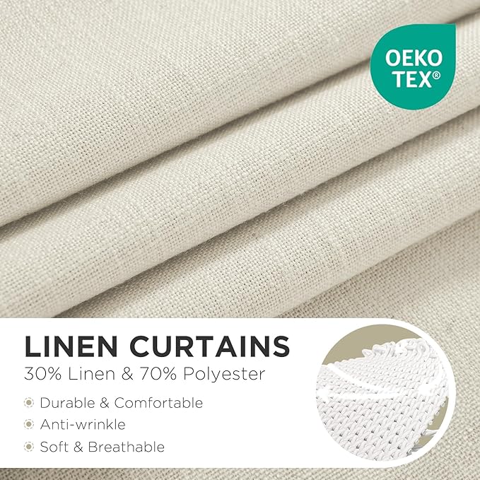Joydeco Linen Curtains 84 Inch Length 2 Panels,Light Filtering Drapes 52 Inches Wide with Back Tab Rod Pockets (84" L x 52" W, Ivory on Linen)