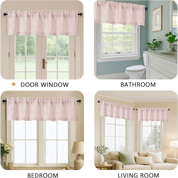 OVZME Blush Pink Valance for Windows, Light Filtering Faux Linen Textured Small Kitchen Valances for Windows, Dual Rod Pocket Farmhouse Short Curtain for Bathroom Basement, 60Wx20L inch, 1 Piece