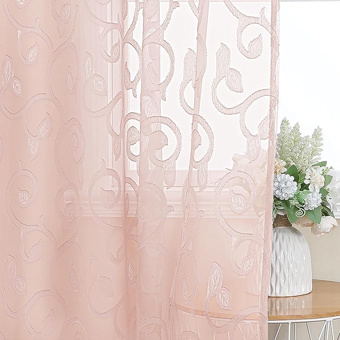 OWENIE Furman Blush Sheer Curtains 63 inch Length for Bedroom Living Room 2 Panels Set, Jacquard Clip Textured Pink Sheer Curtains, Light Filtering Rod Pocket Farmhouse Window Treatments, 40Wx63L inch
