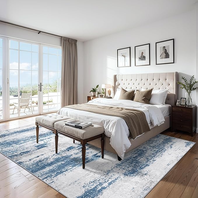 Area Rugs 9x12 Living Room - Washable Rug Modern Abstract Soft Large Neutral Non-Slip Carpet Indoor Floor Thin Carpets for Bedroom Dining Room Farmhouse Nursery Home Office White Blue Grey