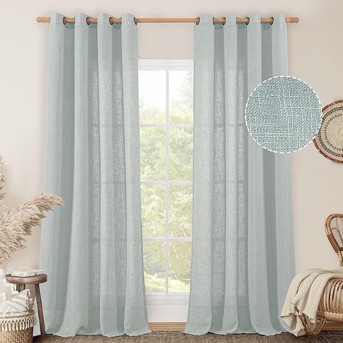 LAMIT Linen Curtains 108 Inches Long for Living Room, Bronze Grommet Linen Textured Sheer Curtains Light Filtering Curtains for Boho Farmhouse, 2 Panels, 52 x 108 Inch, Greyish Blue