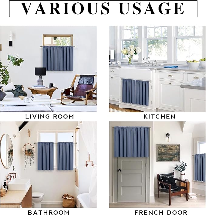 RYB HOME Blackout French Door Window Curtain Covering, Rod Pocket Thermal Insulated Privacy Non See Through Drapes for Bathroom Window, Width 29 by Length 45, Stone Blue, 2 Panels