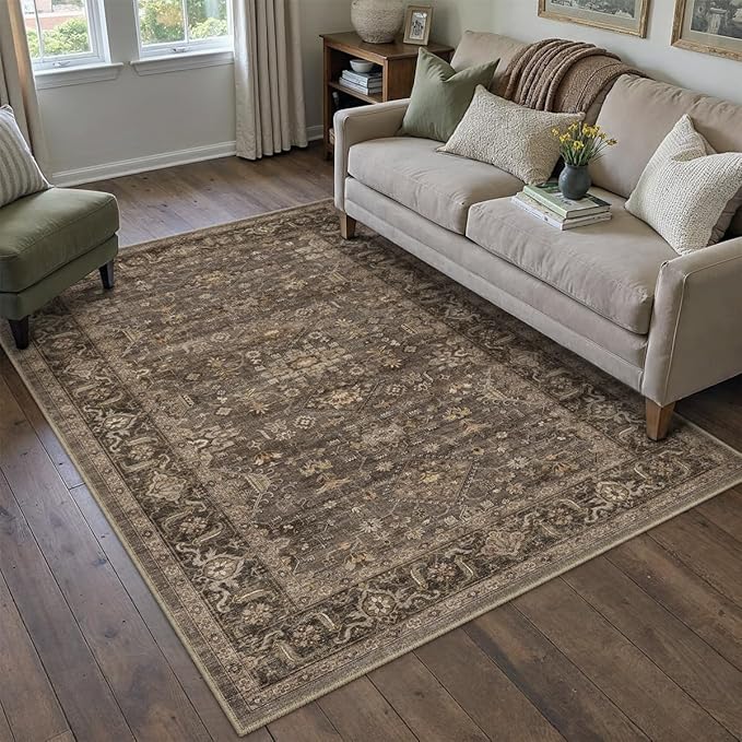 4x5 Washable Area Rug for Living Room Bedroom Vintage Brown Soft Low Pile Carpet Traditional Retro Non Slip Throw Rug for Dining Room Entryway Indoor Dorm Kitchen