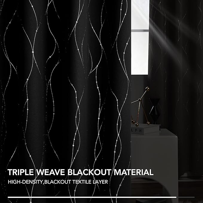 Deconovo Blackout Curtains for Bedroom, 72 Inch Length - Room Darkening Curtains, Window Grommet Curtains, Wave Line and Dots Pattern (W52 X L72, Black, Set of 2)